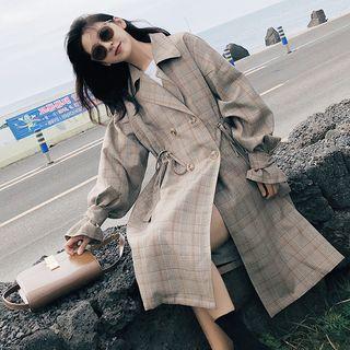 Long Double-breasted Plaid Coat