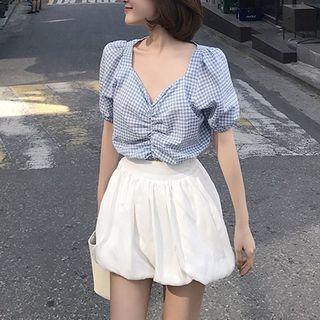 Set: Gingham Short-sleeve Blouse + Balloon Shorts