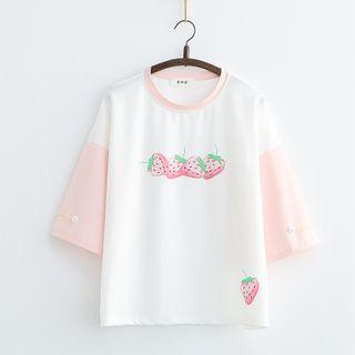 Two-tone Panel Strawberry Print T-shirt White - One Size