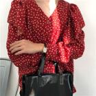 Puff Sleeve Dotted Print V-neck Blouse