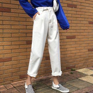 High Waist Straight-cut Jeans / Striped Long-sleeve T-shirt