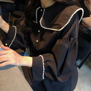 Faux Pearl Chiffon Blouse Black - One Size