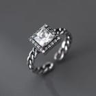 Square Rhinestone Sterling Silver Open Ring 1 Pc - Silver - One Size