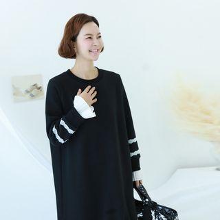 Lace-trim Pleated-cuff Dress Black - One Size