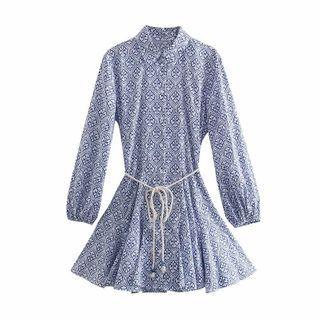 Long-sleeve Collared Print Tie-waist Mini A-line Dress