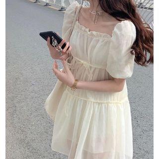 Short-sleeve Ruffle Trim Square-neck Mini Dress Dress - One Size