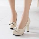 Faux Leather Round Toe Ribbon Accent High Heel Pumps