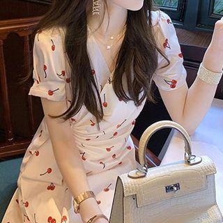 Puff-sleeve Cherry Print Drawstring Midi A-line Dress