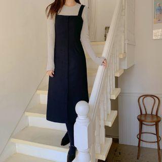 Monotone Long Pinafore Dress Navy Blue - One Size