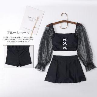 Set: Bell-sleeve Mesh Panel Swim Top + Swim Skirt