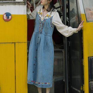 Long-sleeve Floral Embroidered Blouse / Denim Midi A-line Overall Dress / Set