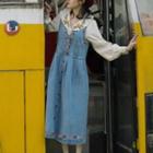 Long-sleeve Floral Embroidered Blouse / Denim Midi A-line Overall Dress / Set