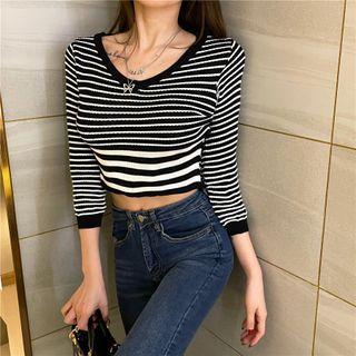 Long-sleeve Round-neck Striped Cropped Top Stripe - One Size