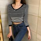 Long-sleeve Round-neck Striped Cropped Top Stripe - One Size