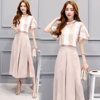 Set Of 3: Striped Short-sleeve Top + Camisole Top + Side-slit Wide-leg Pants