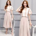 Set Of 3: Striped Short-sleeve Top + Camisole Top + Side-slit Wide-leg Pants