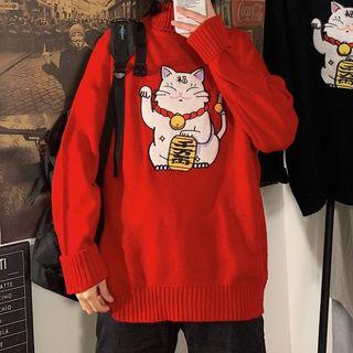 Long-sleeve Cat Print Loose-fit Knit Top