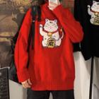 Long-sleeve Cat Print Loose-fit Knit Top