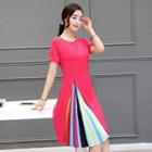 Color Block Pleated Trim Short Sleeve Dress