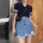 Striped Short-sleeve Knit Polo Shirt / Ripped Mini Denim Skirt