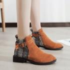 Fabric Panel Buckled Block Heel Ankle Boots