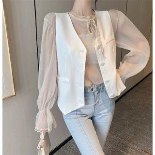 Tie Neck Bell-sleeve Lace-trim Mesh Top / V-neck Button-up Vest