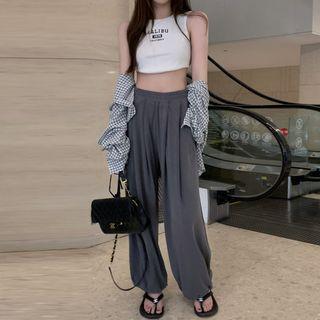 Lettering Crop Tank Top / Harem Pants / Plaid Shirt