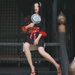 Bird Print Elbow-sleeve Loose-fit Qipao (waist Belt Not Included)