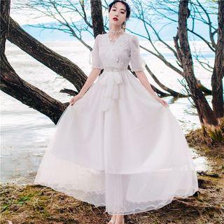 Lace Panel Short-sleeve A-line Maxi Dress