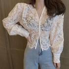 Long-sleeve Faux Pearl Button Lace Top