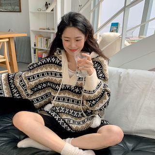 V-neck Jacquard Tassel Knit Hoodie