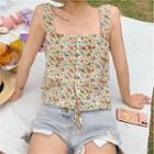 Sleeveless Square Neck Tie-waist Floral Top