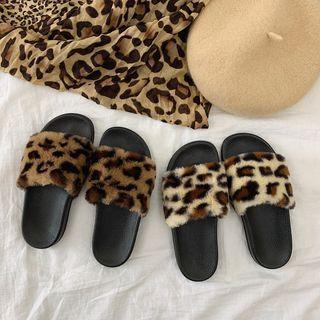 Furry Leopard Slide Sandals