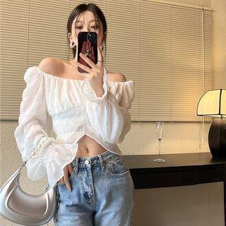 Off-shoulder Ruched Crop Blouse White - One Size