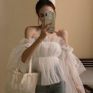 Off-shoulder Mesh Long-sleeve Top As Shown In Figure - One Size