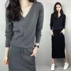 V-neck Drawstring Waist Midi Knit Dress