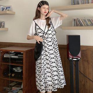 Short-sleeve Plain T-shirt / Spaghetti Strap V-neck Floral Midi Dress