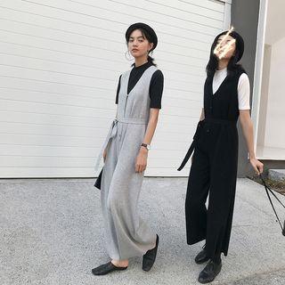 Sleeveless Wide-leg Knit Jumpsuit With Sash
