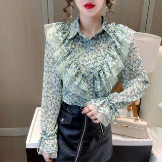 Floral Print Blouse Light Green - One Size