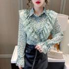 Floral Print Blouse Light Green - One Size