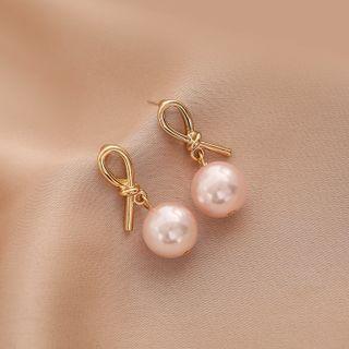 Faux Pearl Knot Stud Earring 1 Pair - Pink Pearl - Gold - One Size