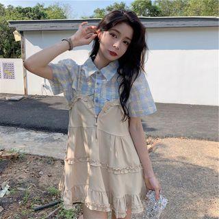 Two-tone Plaid Puff-sleeve Blouse / Plain Ruffle Button-up Spaghetti Strap Mini Dress