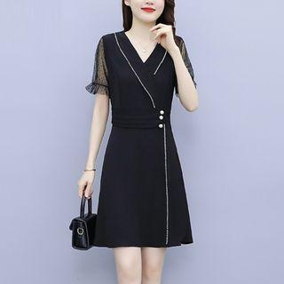 Short-sleeve V-neck Dotted Mesh Mini A-line Dress