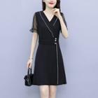 Short-sleeve V-neck Dotted Mesh Mini A-line Dress