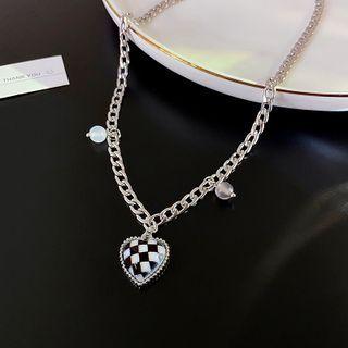 Check Heart Necklace Black & White & Silver - One Size