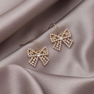 Rhinestone Faux Pearl Bow Dangle Earring 1 Pair - 925 Silver Hook Earring - Gold & White - One Size