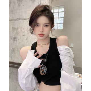 Mock Two-piece Long-sleeve Cold-shoulder Crop Top Black & White - One Size