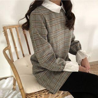 Plaid Long-sleeve Collared Shift Dress
