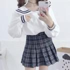 Mini Plaid Pleated Skirt / Long-sleeve Sailor Collar Top