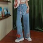 Heart Embroidered Bow Accent Wide Leg Cropped Jeans